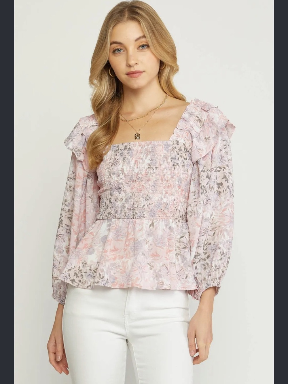 Entro Pink Floral Smocked Top